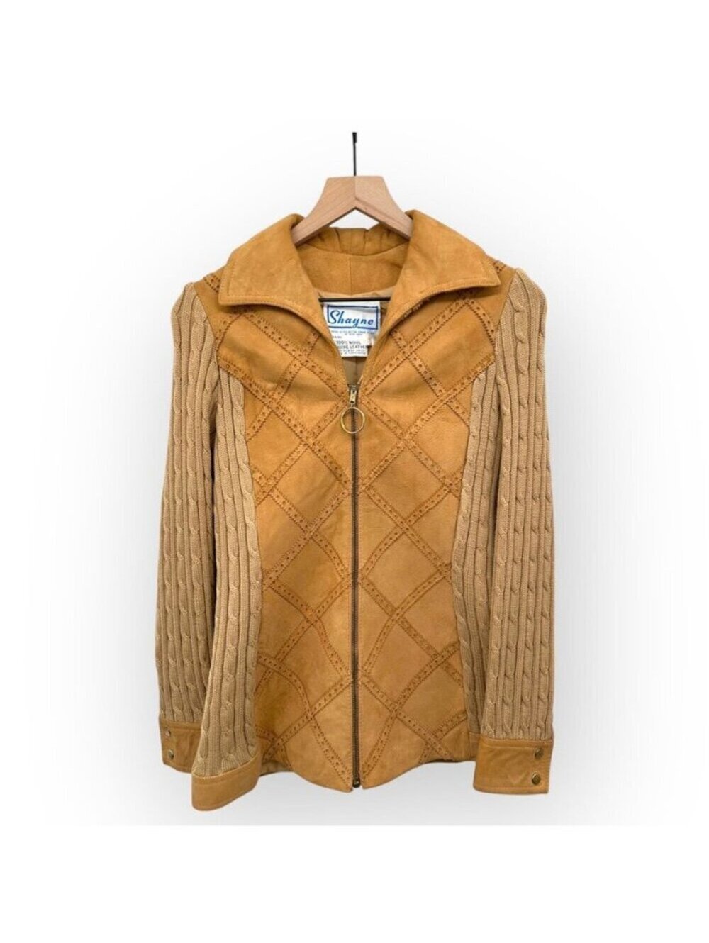 Shayne Vintage Tan Suede & Wool Jacket With Cable Knit Sleeves 60's